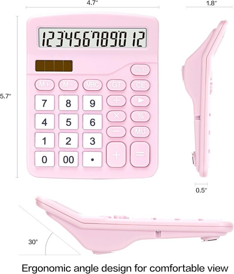 Deli Calculator, Standard Function Desktop Calculators with 12 Digit Large LCD Display and Sensitive Button, Solar Battery Dual Power Office Calculator, Pink - Image 2
